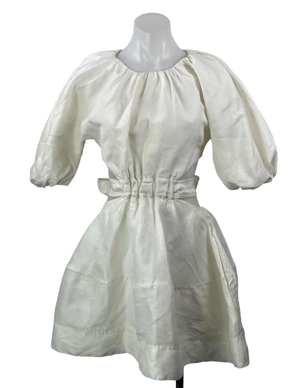 Aje Psychedelia White Silk Linen Balloon Sleeve Cutout Fit & Flare Mini Dress 6